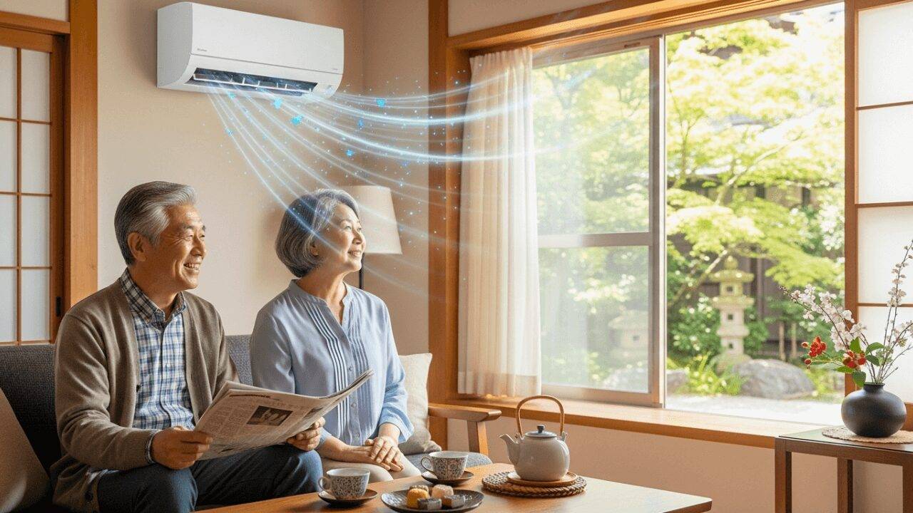 福岡南区アイルによる、老夫婦の部屋でのエアコン使用シーン